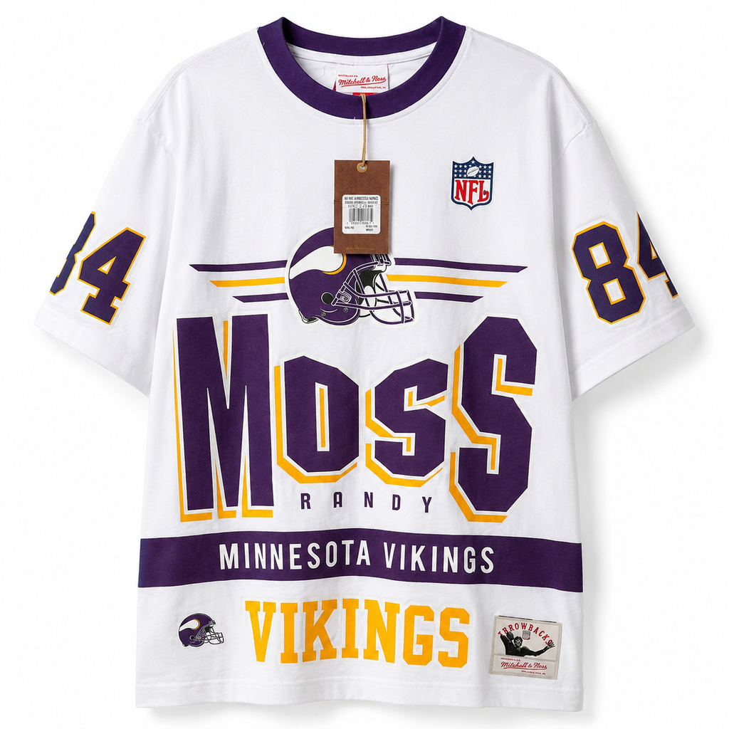 Mitchell & Ness Randy Moss #84 Minnesota Vikings NFL Throwback T-Shirt – White/Purple