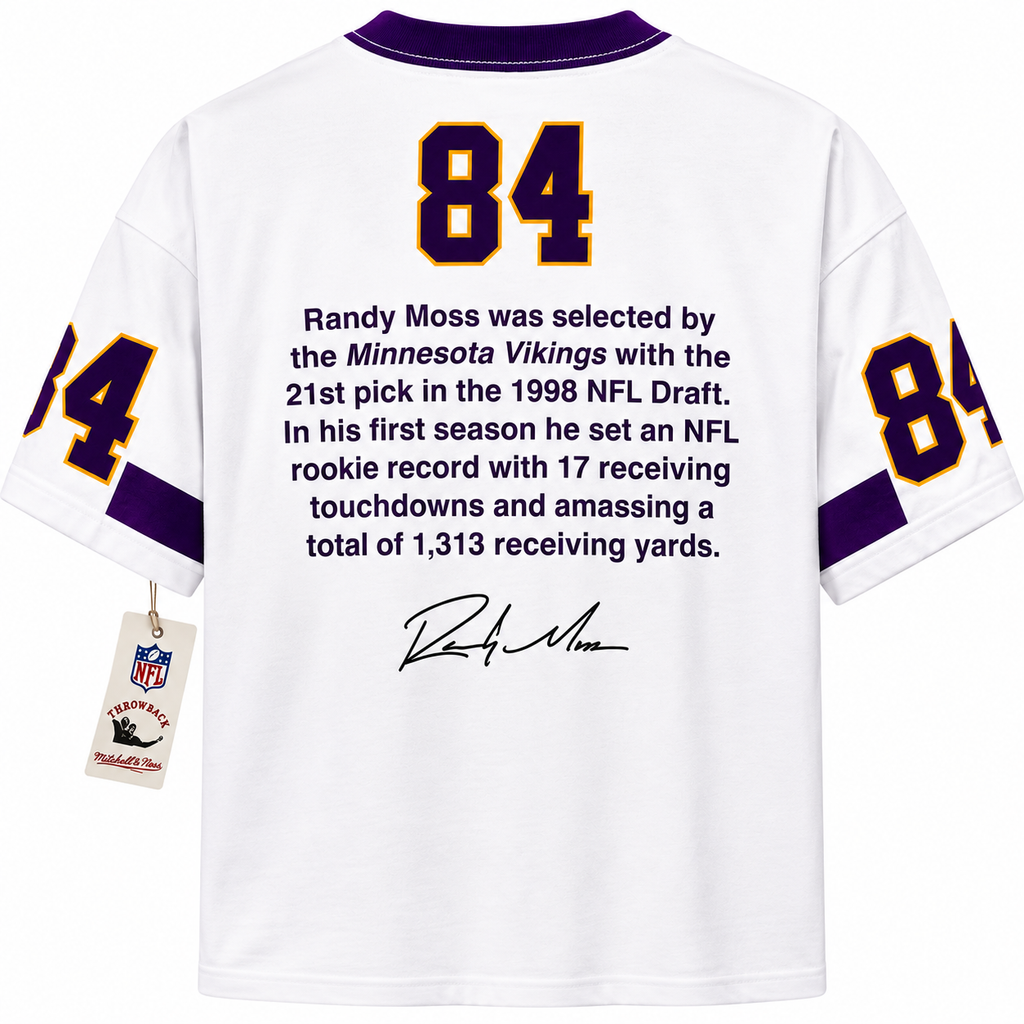 Mitchell & Ness Randy Moss #84 Minnesota Vikings NFL Throwback T-Shirt – White/Purple