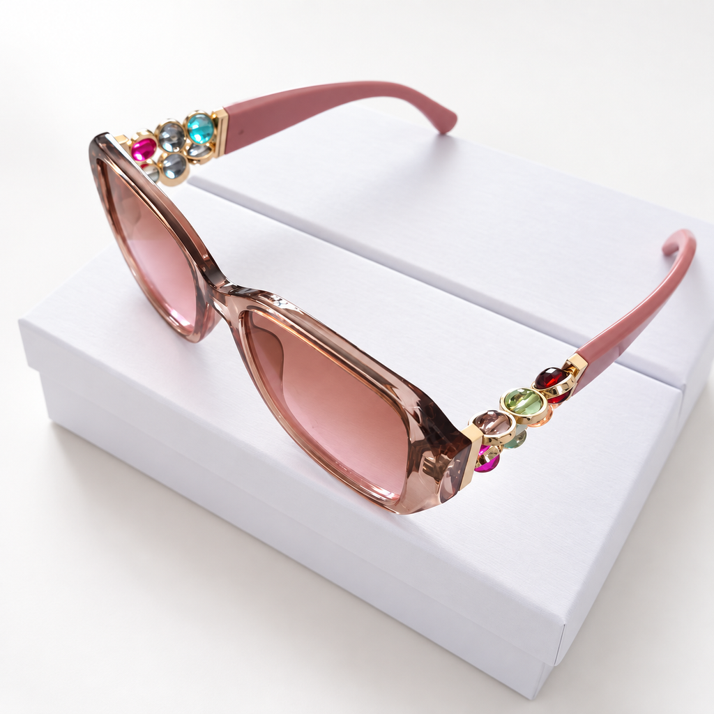 Women’s Pink Rectangular Sunglasses with Colorful Jewel Temple Accents