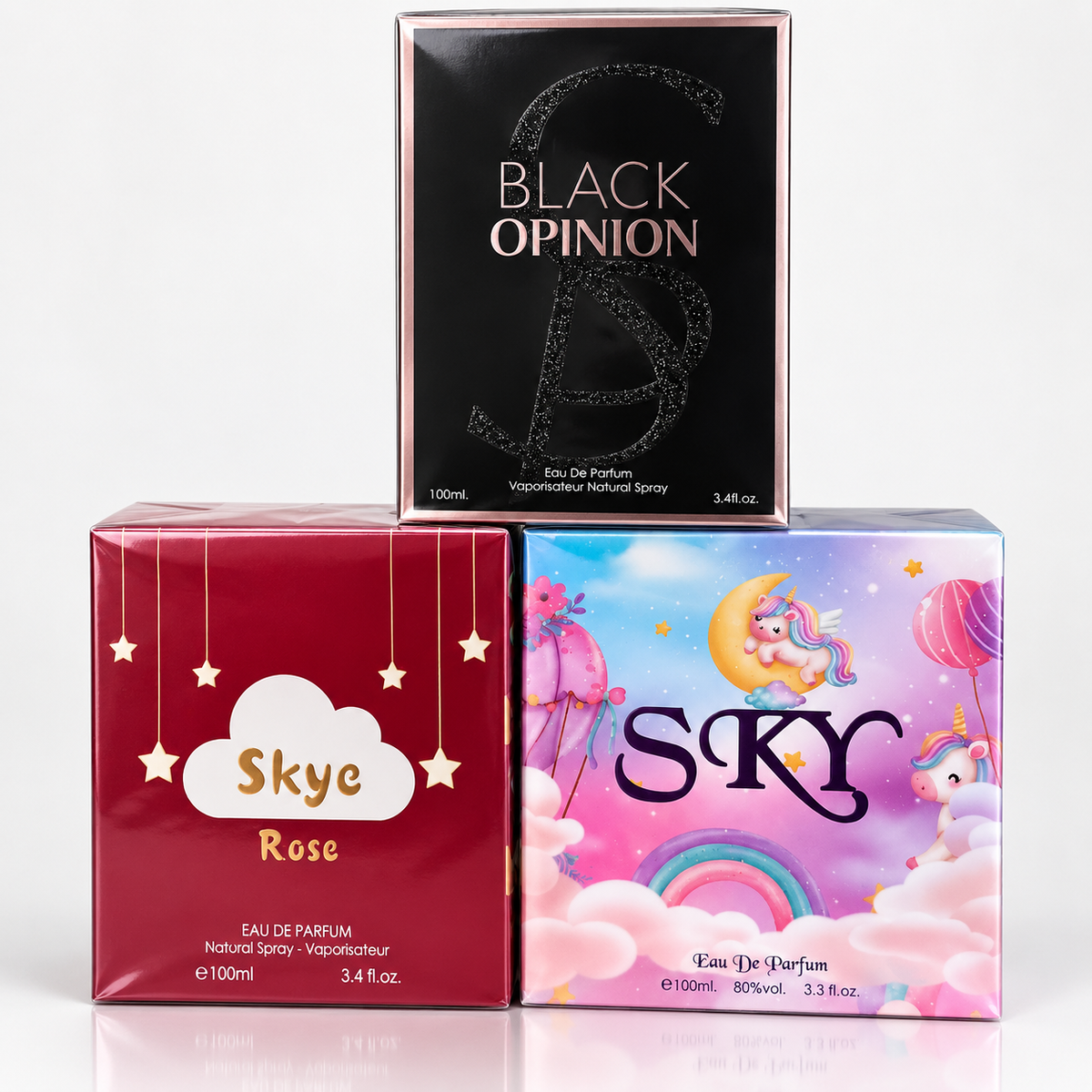 Women’s Eau de Parfum 3-Piece Gift Bundle – Black Opinion, Skye Rose & SKY – 100ml Each