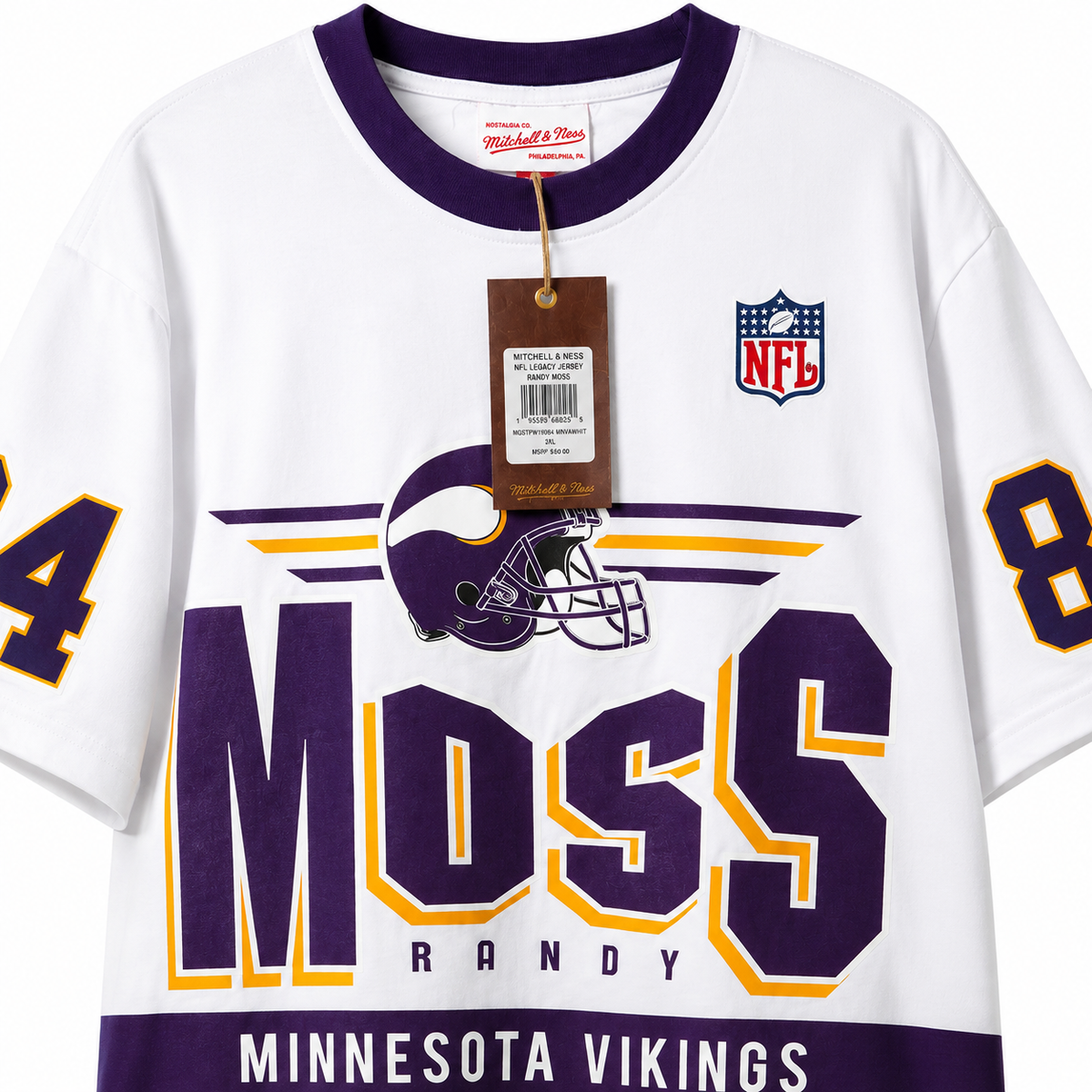 Mitchell & Ness Randy Moss #84 Minnesota Vikings NFL Throwback T-Shirt – White/Purple
