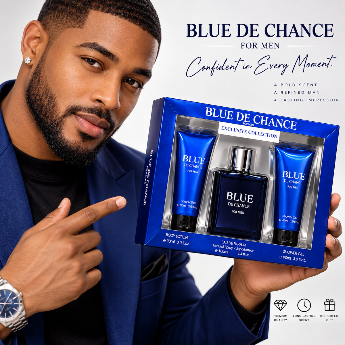 Fragrance Couture Blue De Chance for Men 3-Piece Gift Set – EDP, Body Lotion & Shower Gel