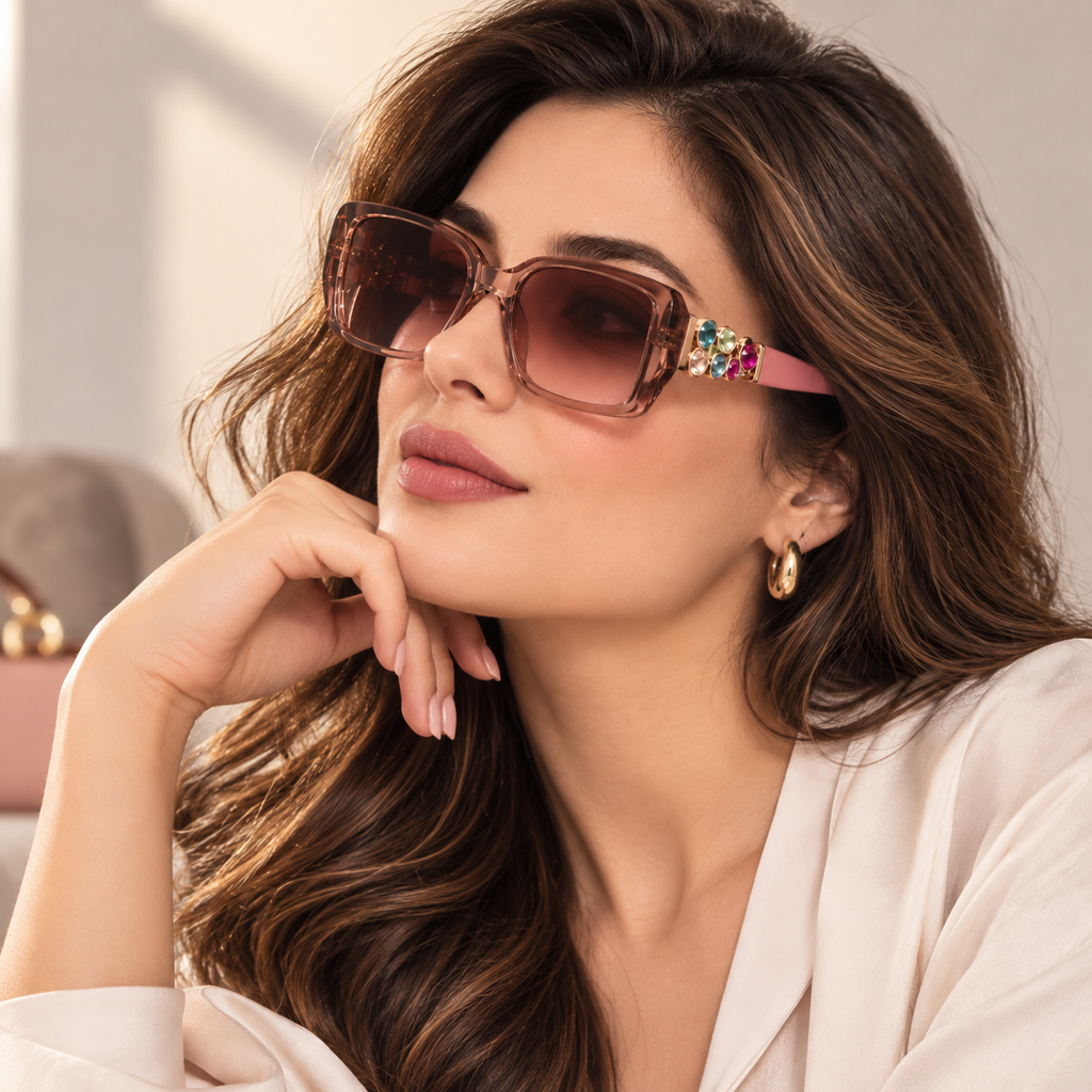 Women’s Pink Rectangular Sunglasses with Colorful Jewel Temple Accents