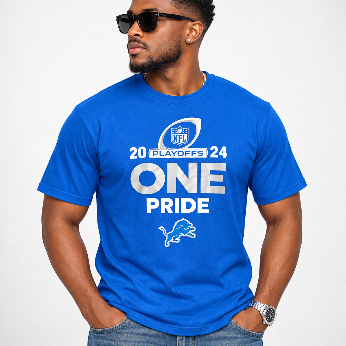 Detroit Lions Men’s 2024 NFL Playoffs “One Pride” T-Shirt – Blue – Size Medium