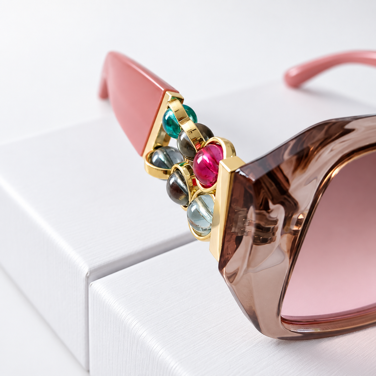 Women’s Pink Rectangular Sunglasses with Colorful Jewel Temple Accents