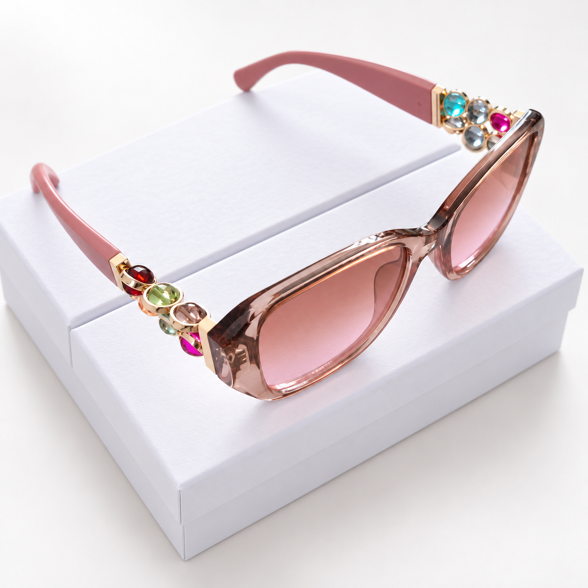 Women’s Pink Rectangular Sunglasses with Colorful Jewel Temple Accents
